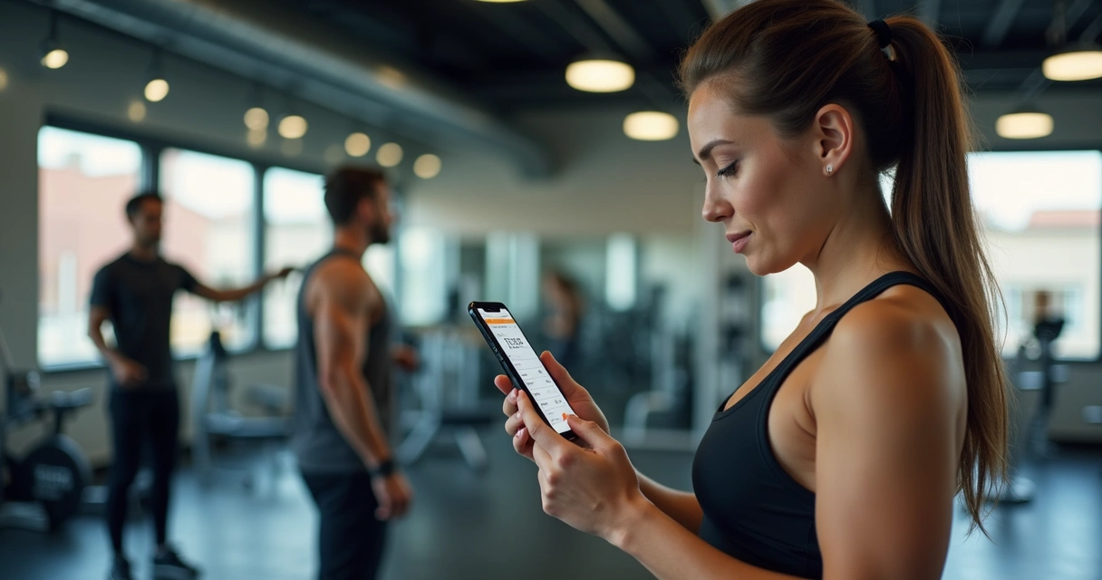 Mulher usando app de treino de musculação no celular enquanto treina na academia
