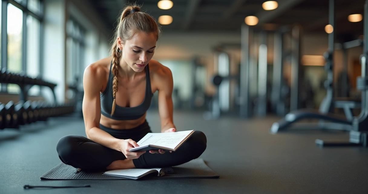 Mulher acompanhando progresso no treino com caderneta na academia 