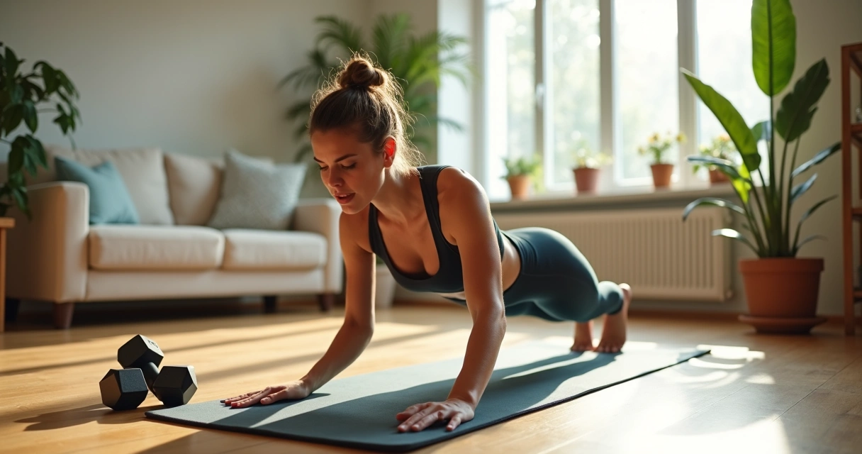 Mulher fazendo treino funcional em casa com tapete
