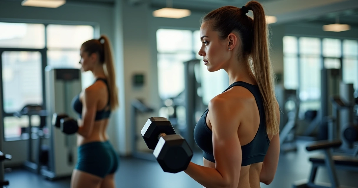 Mulher jovem levantando halteres em academia tranquila 