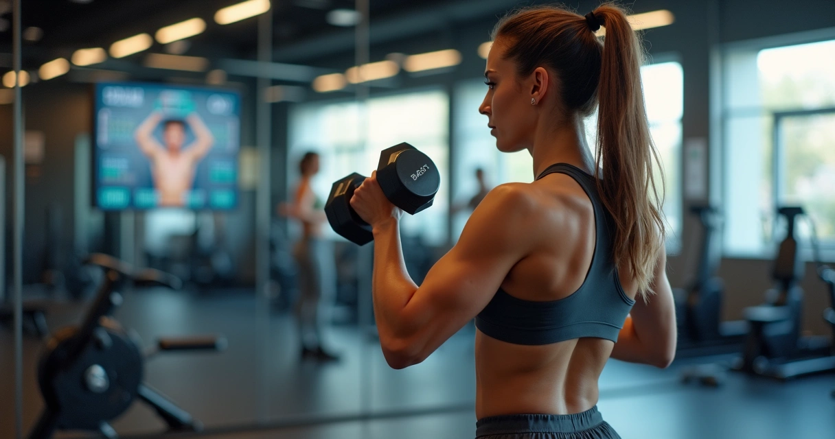 Mulher levantando pesos em academia moderna, focada no treino 