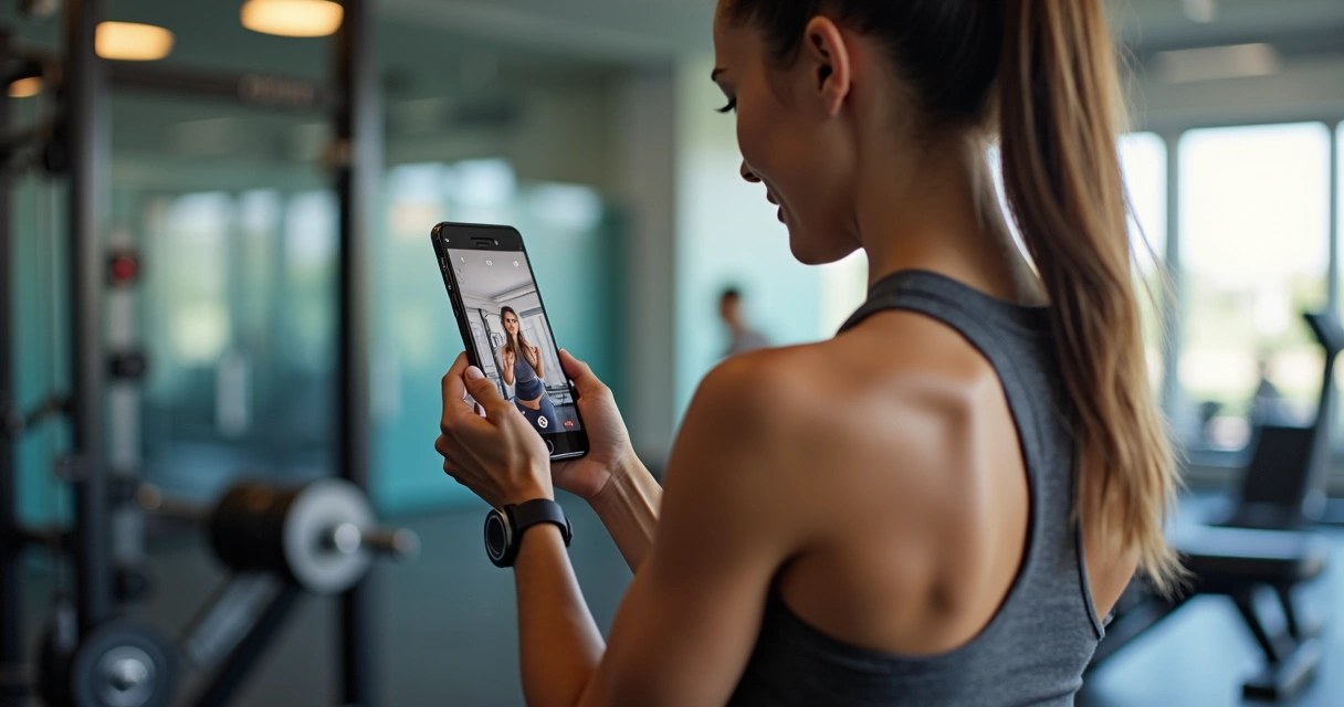 Mulher assistindo vídeo de treino em celular na academia 