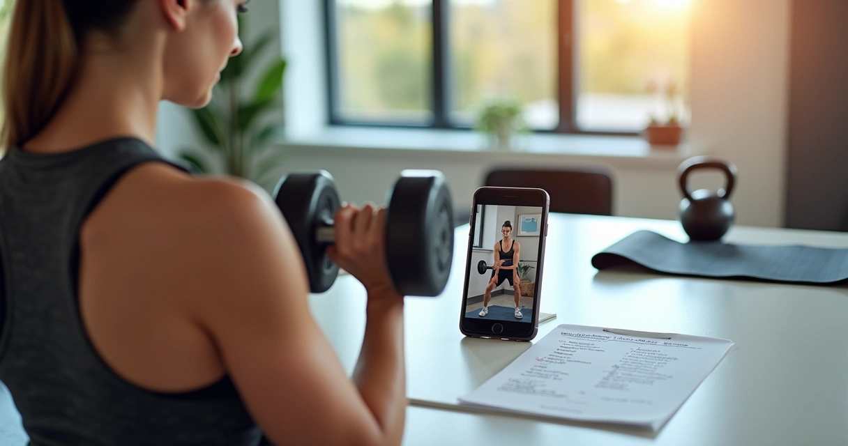 Mulher treinando musculação em casa assistindo vídeo explicativo no celular, com roteiro de treino escrito ao lado 