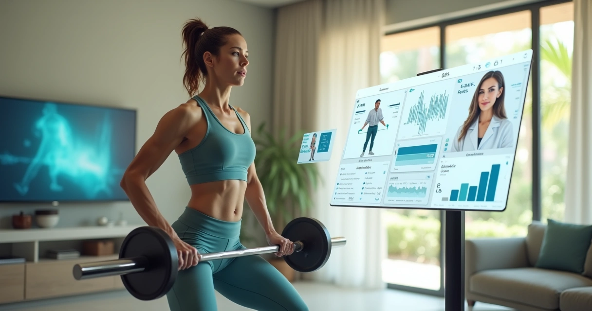 Mulher de meia-idade fazendo agachamento com orientação digital de endocrinologista 