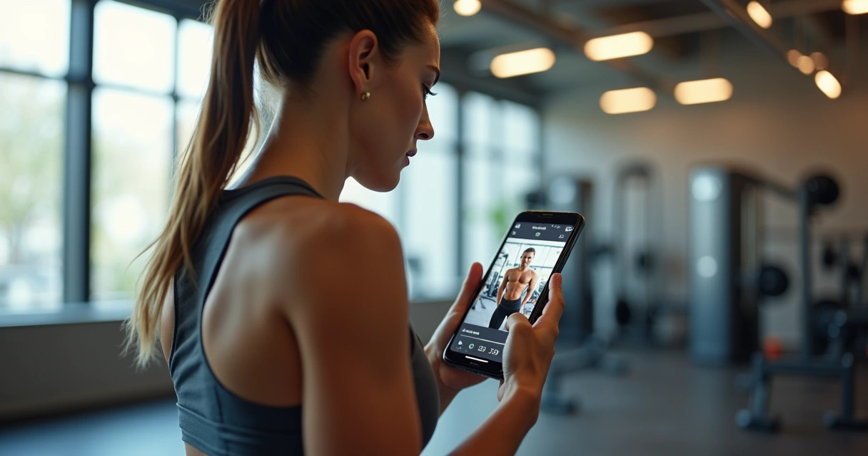 Mulher treinando musculação e marcando séries no aplicativo de treino no celular 
