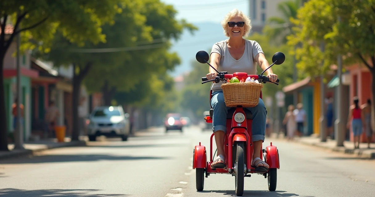 Mulher guiando triciclo elétrico em rua urbana