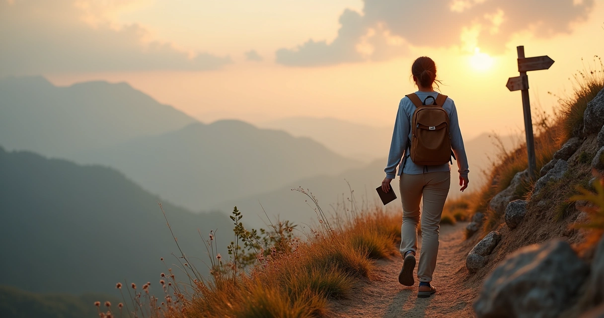 Mulher caminhando sozinha em trilha montanhosa ao amanhecer 