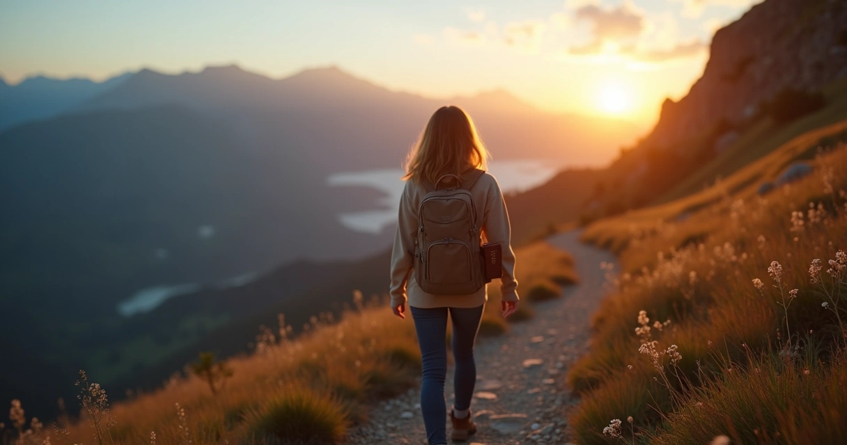 Mulher cristã segurando Bíblia em trilha de montanha ao nascer do sol 