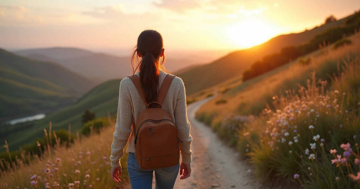 Mulher caminhando sozinha em trilha na montanha ao pôr do sol, simbolizando jornada de amadurecimento com Deus 