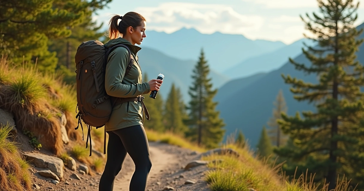 Mulher em trilha usando pipizito com mochila em paisagem de montanha 