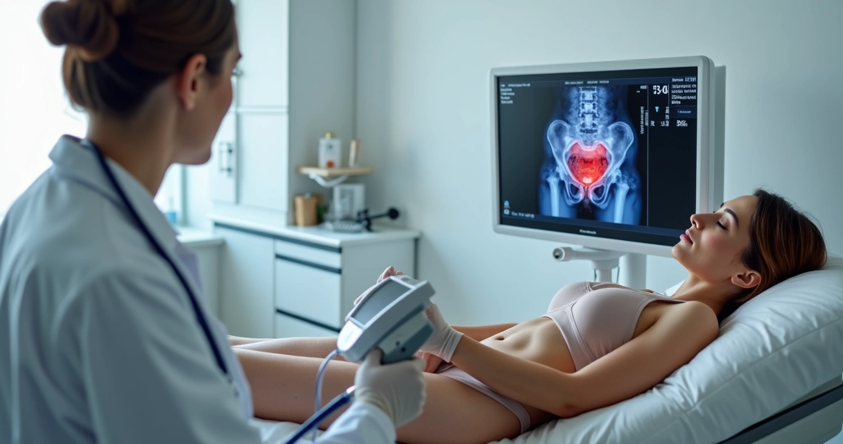 Mulher em exame de ultrassom pélvico com foco na tela mostrando veias dilatadas 