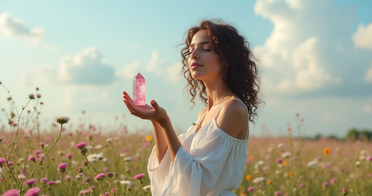 Mulher segurando pêndulo em campo de flores