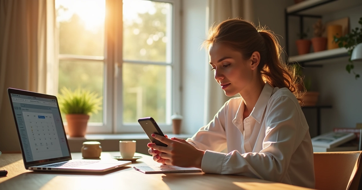 Mulher usando celular para organizar compromissos