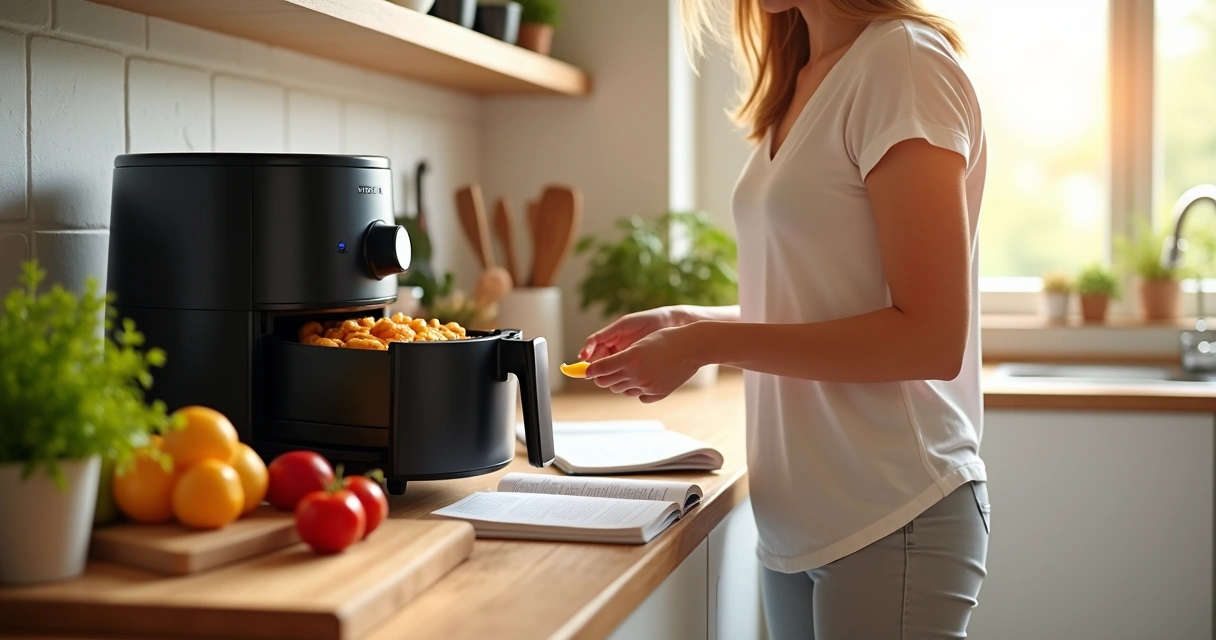 Mulher usando airfryer na cozinha com livro de receitas aberto 