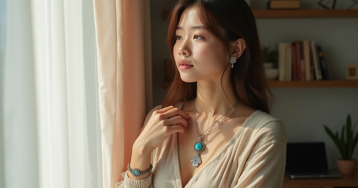 Mulher jovem usando amuletos de proteção em colares e pulseiras