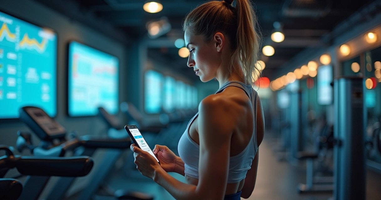 Mulher consultando treino em aplicativo enquanto se exercita na academia 