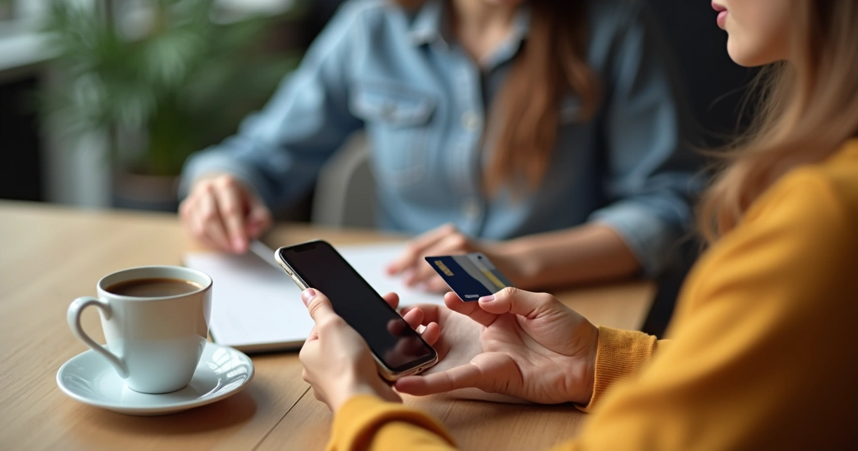 Mulher consulta app de cartão de crédito no celular enquanto segura o cartão 