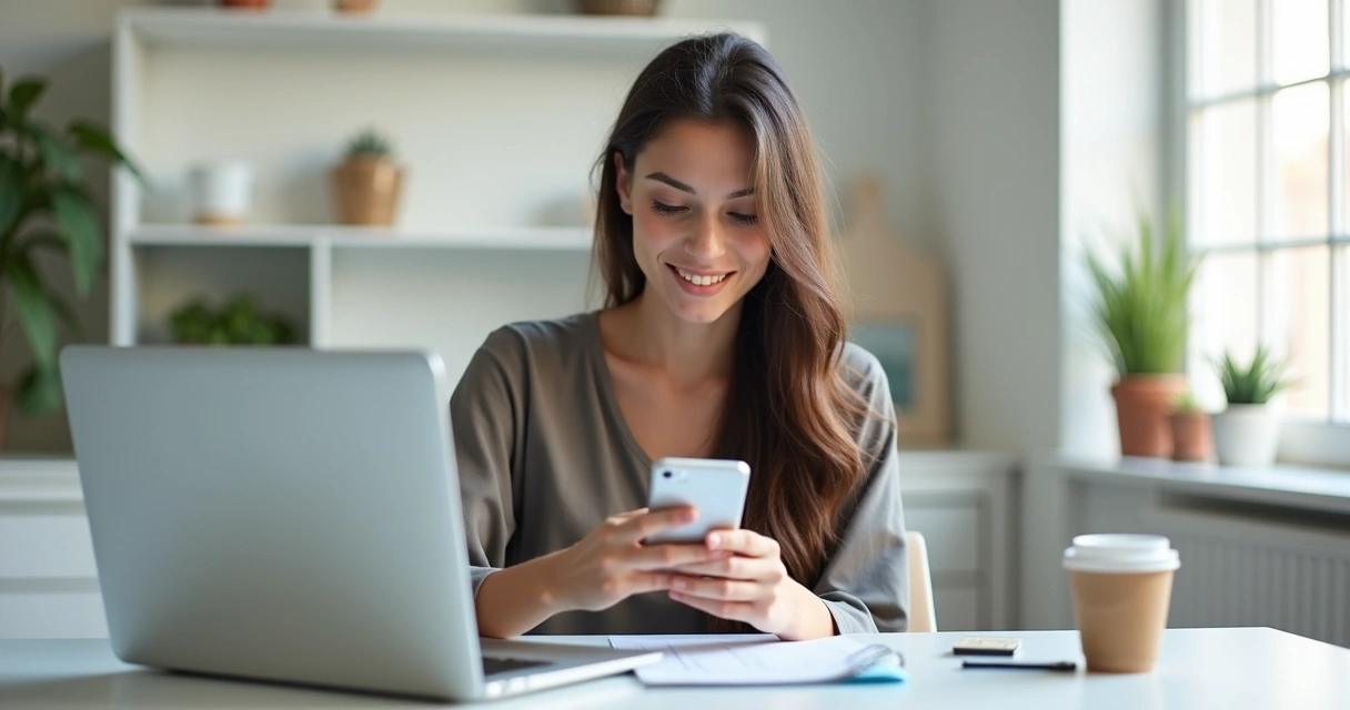 Mulher olhando celular sorrindo em ambiente moderno