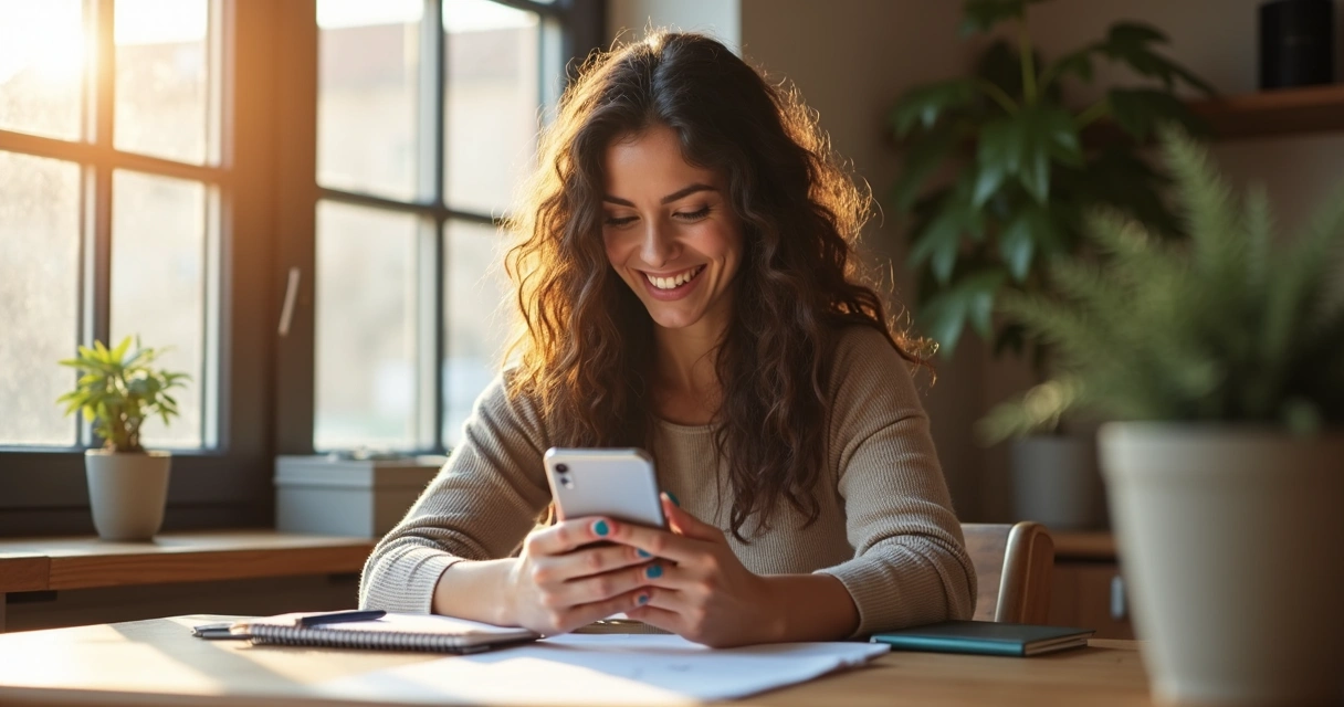 Mulher sorrindo usando o celular para controlar finanças pessoais 