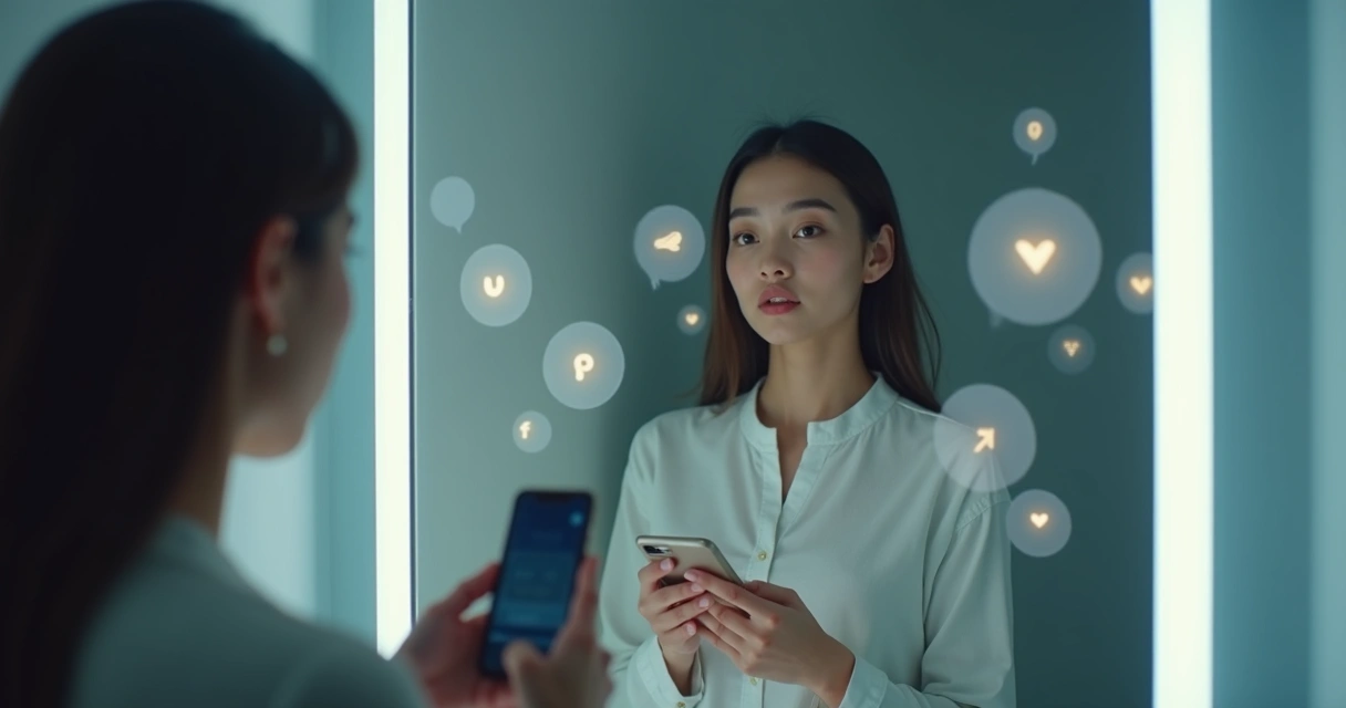 Jovem olhando para o smartphone em frente ao espelho 