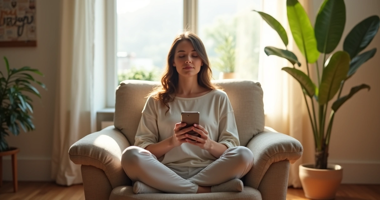 Mulher sentada em posição de meditação com celular nas mãos, olhos fechados, aparência serena 