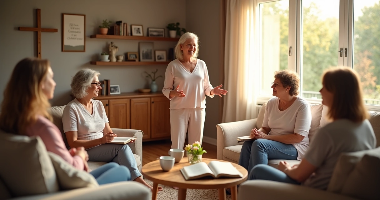 Mulher falando em pequeno grupo de oração com bíblias sobre a mesa 