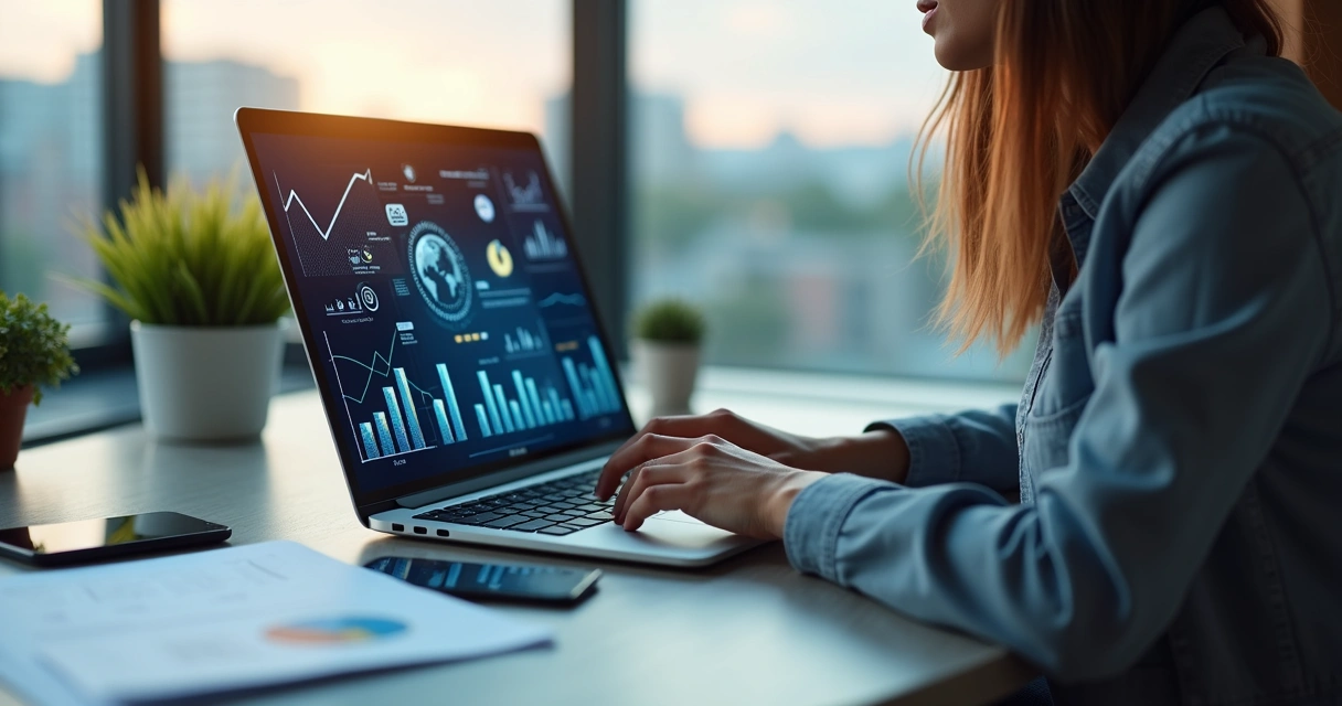 Mulher utilizando notebook com gráficos de IA marketing na tela 