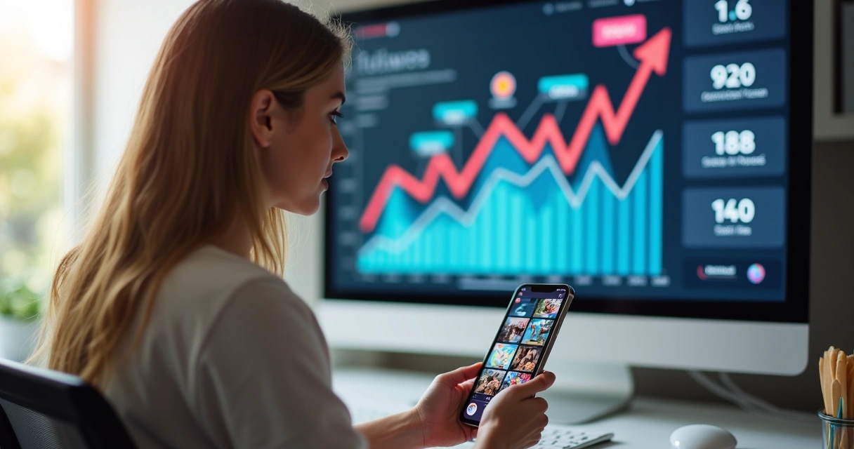 Mulher usando smartphone para criar conteúdo no Instagram Stories com gráficos de engajamento ao fundo 