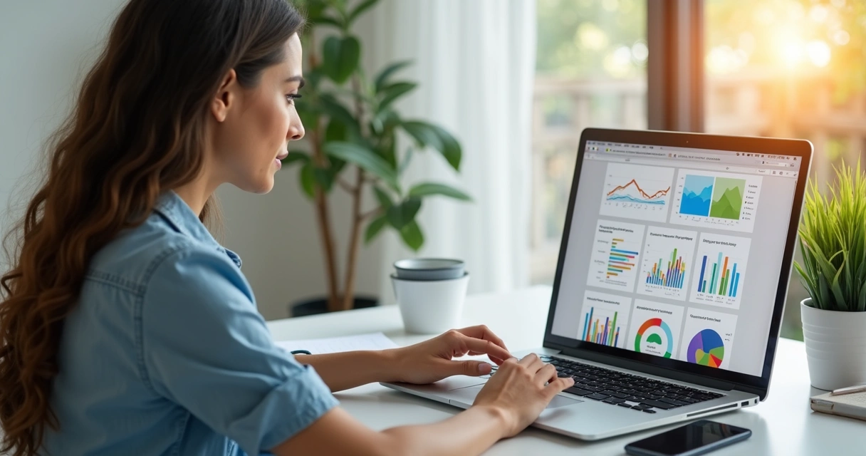 Mulher usando notebook com anúncios digitais na tela 