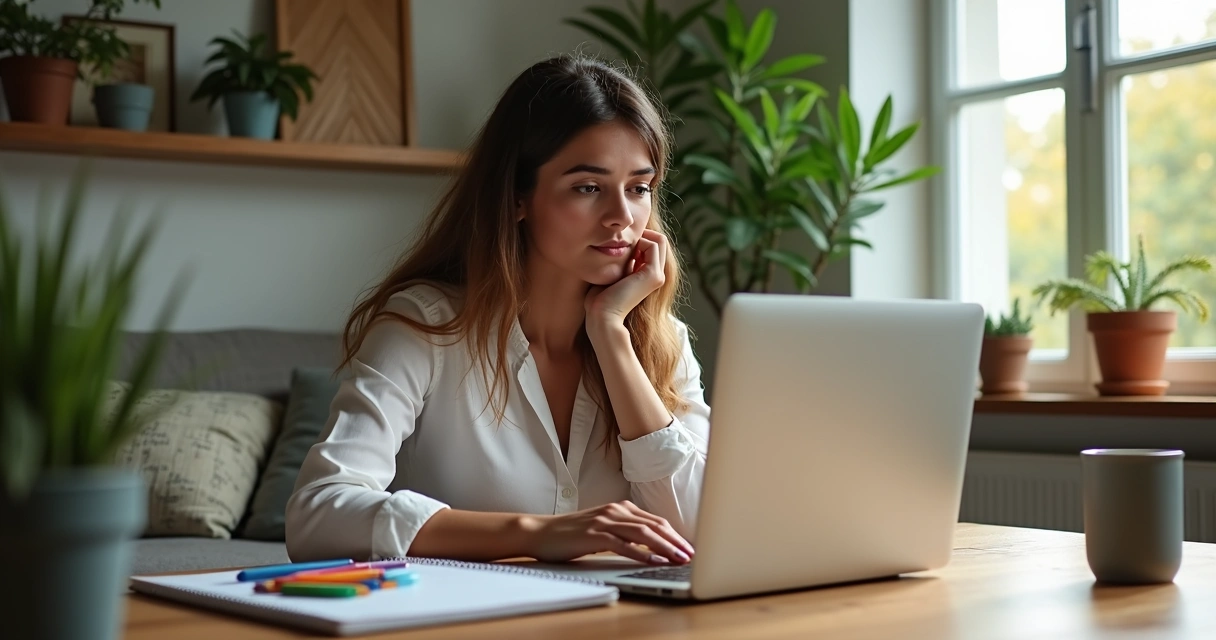 Mulher estudando em casa com laptop aberto e caderno ao lado 
