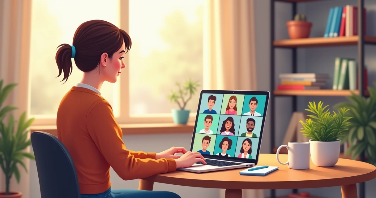 Mulher em frente ao notebook em evento online de networking 