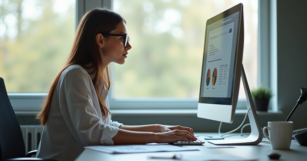 Mulher usando óculos olhando para tela de computador 