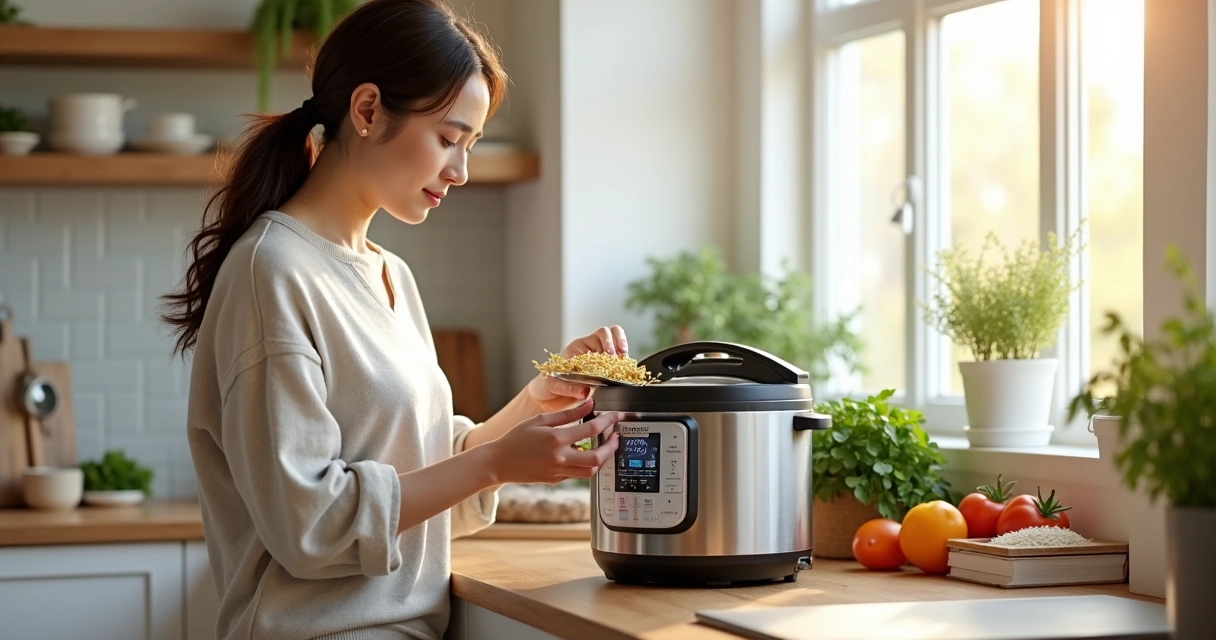 Mulher coloca ingredientes em panela de pressão elétrica na cozinha 