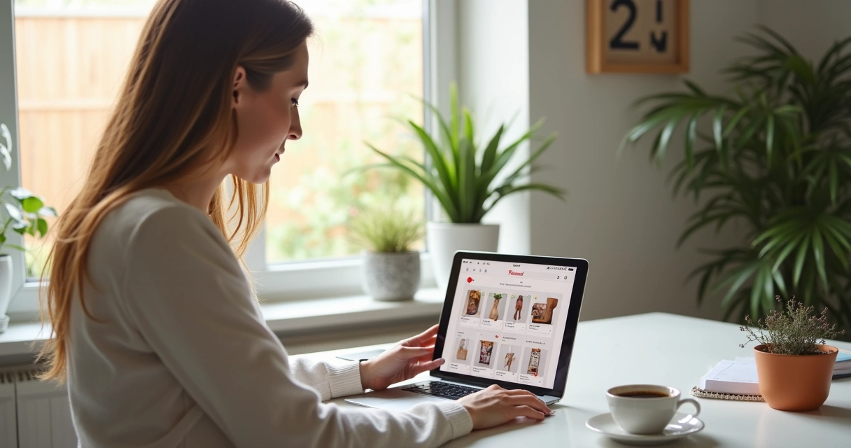 Mulher segurando tablet com tela do Pinterest, sentada em sala bem iluminada