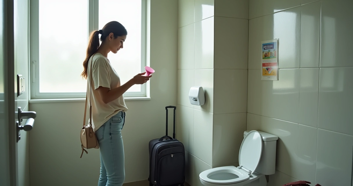 Mulher usando dispositivo Pipizito discretamente em banheiro de rodoviária durante viagem longa 