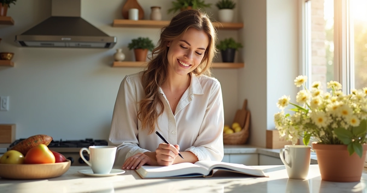 Mulher usando um planner na bancada da cozinha, cercada de itens domésticos 