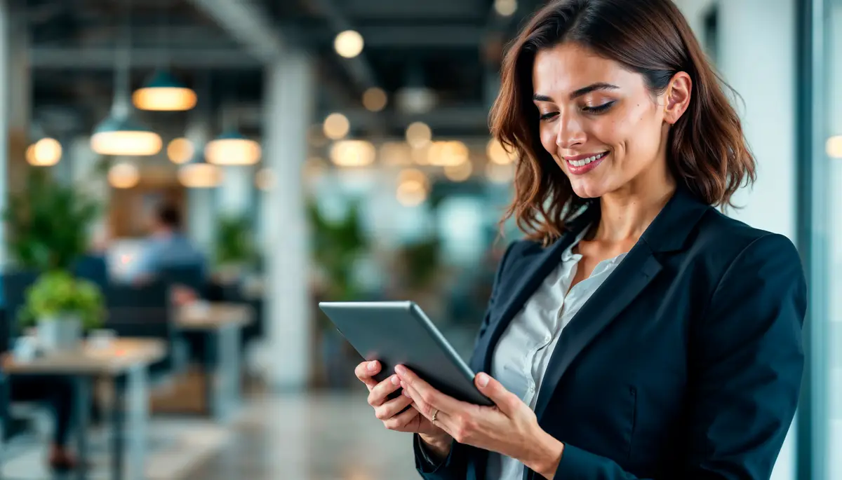 Mulher sorridente usando tablet em escritório moderno