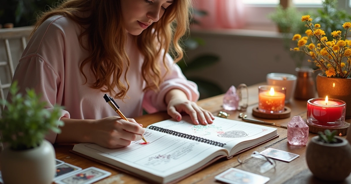 Mulher consulta tarot enquanto escreve em agenda, mesa florida com objetos espirituais. 