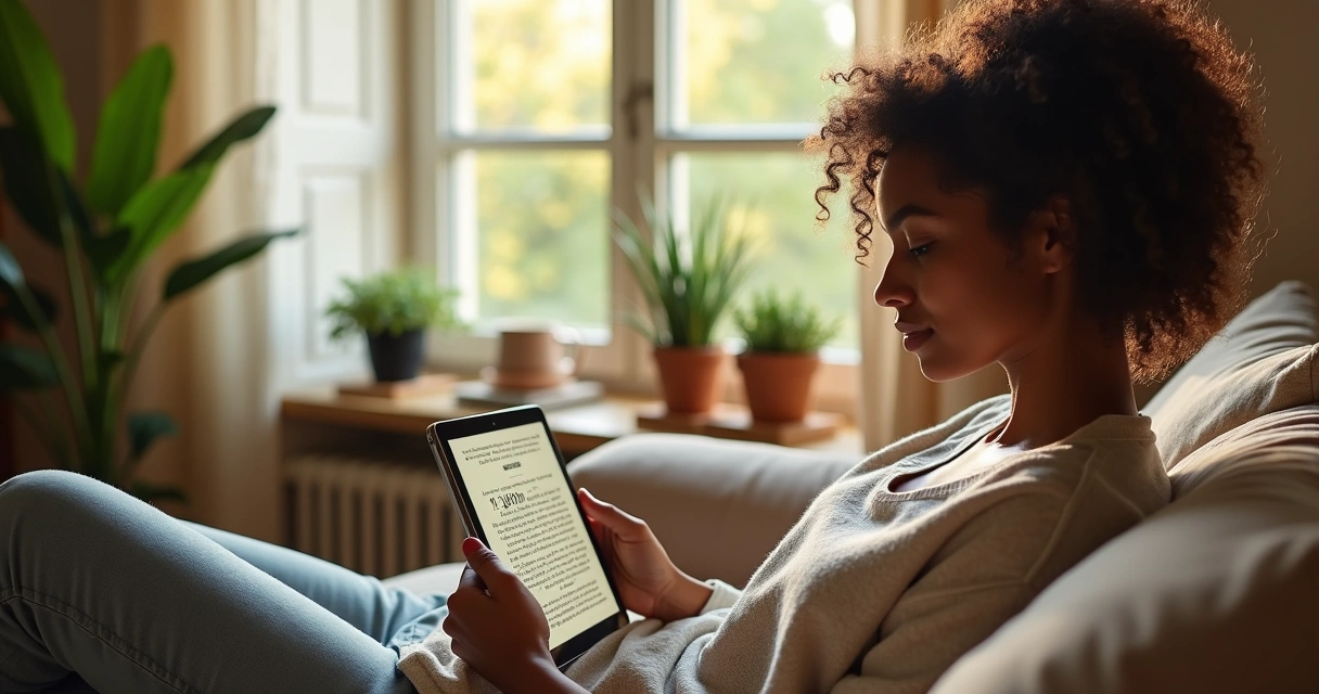 Mulher lendo devocional digital em tablet no ambiente aconchegante de casa, com luz natural e plantas