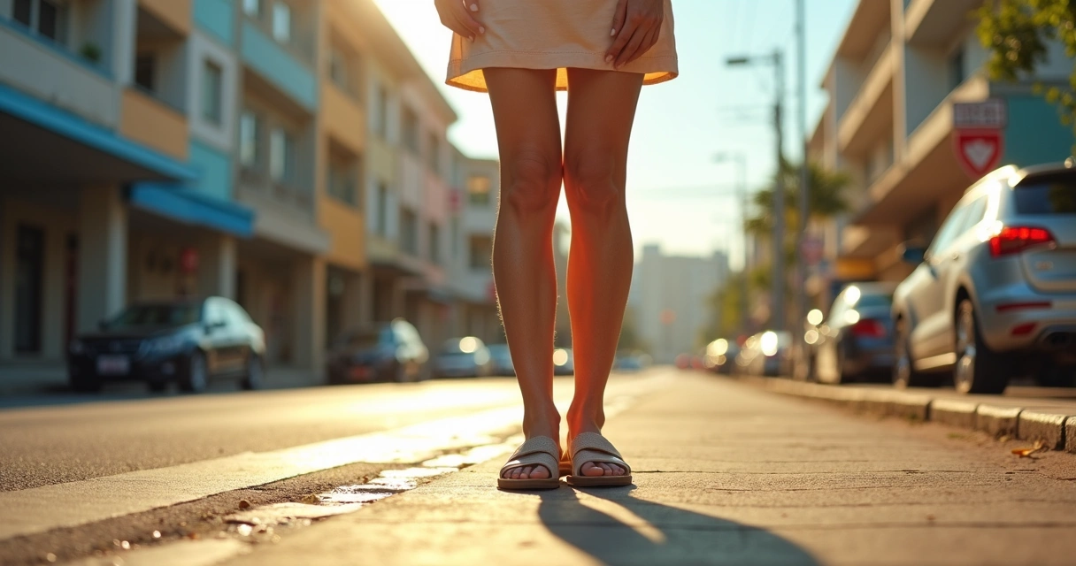 Mulher com varizes nas pernas caminhando em rua quente de cidade 
