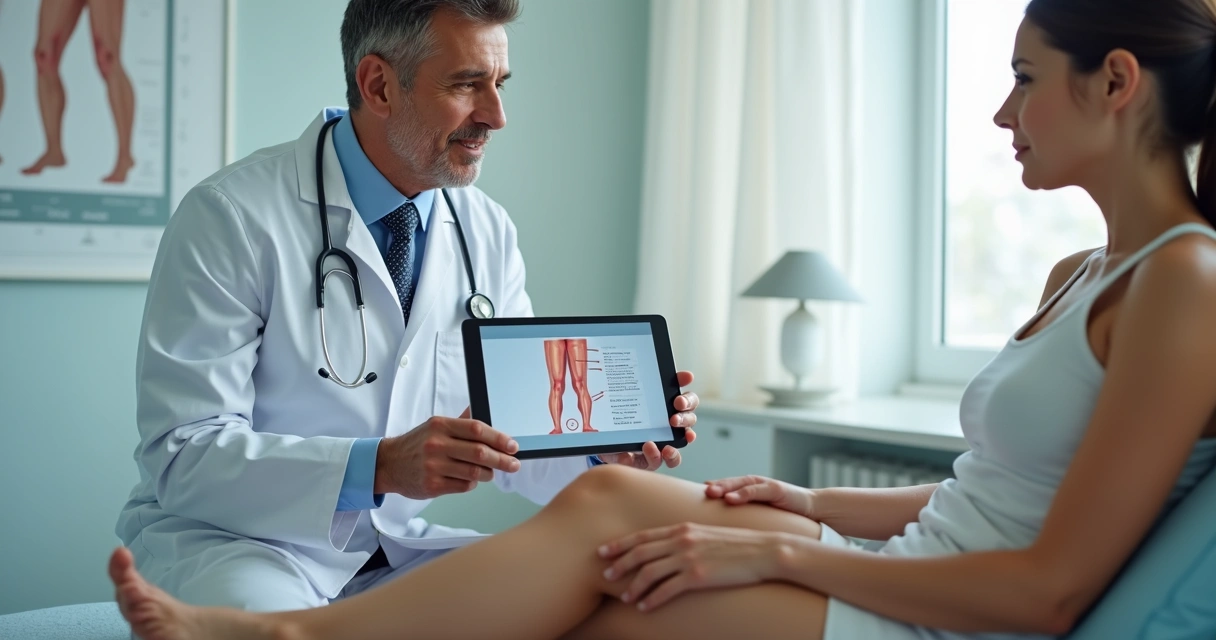 Médico vascular mostra em tablet a relação entre hormônios e varizes nas pernas de paciente 