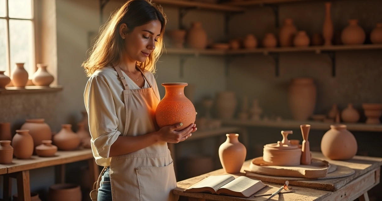 Mulher cristã em atelier de cerâmica segurando um vaso iluminado por dentro 