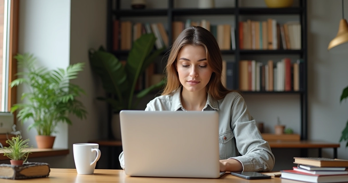 Mulher em home office com notebook e caderno, concentrada em tarefas de vendas 