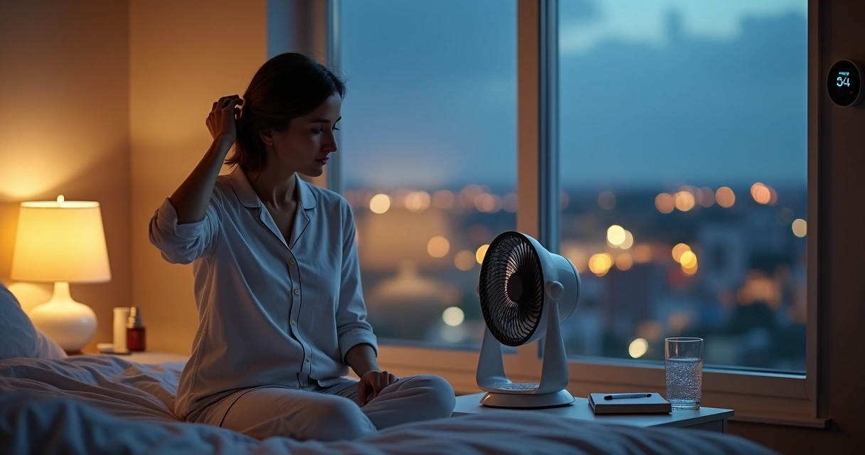 Mulher perto de ventilador portátil aliviando onda de calor noturna 