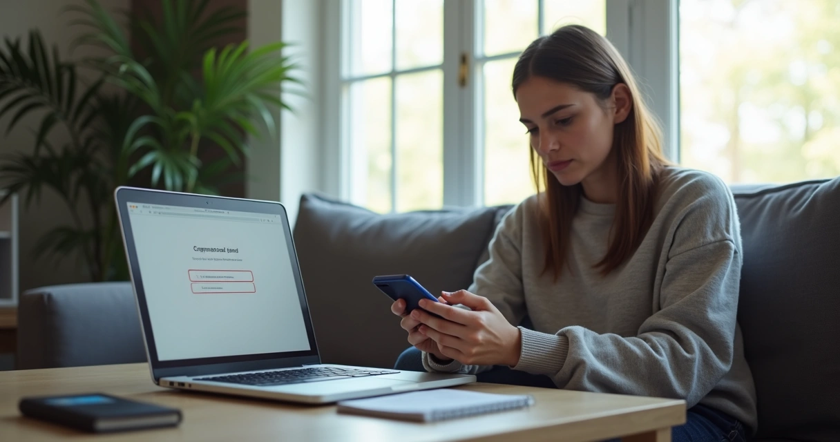 Mulher jovem sentada em um sofá, olhando preocupada para o smartphone na mão com um notebook aberto ao lado 