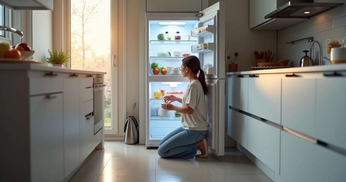 Mulher agachada olhando geladeira aberta na cozinha