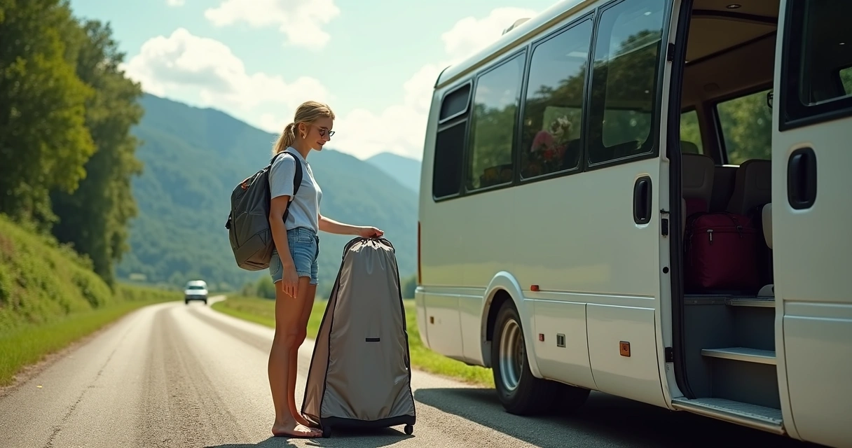 Mulher usando banheiro portátil durante viagem de ônibus 