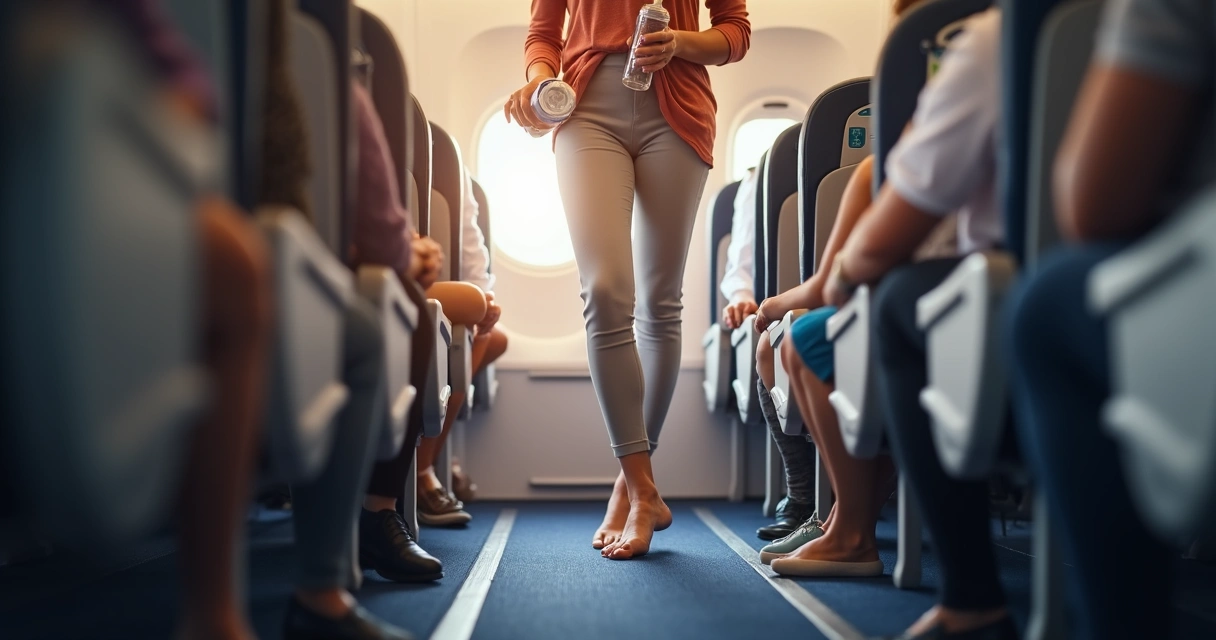 Mulher em viagem longa alongando as pernas no corredor do avião para prevenir varizes 