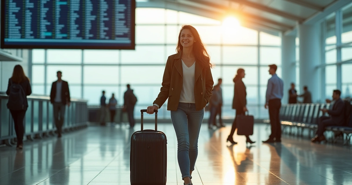Mulher com mala andando em aeroporto internacional 