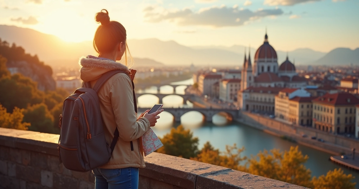 Mulher viajando sozinha em mirante com mochila olhando cidade ao pôr do sol 
